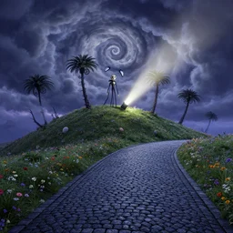 curled perspective digital art of spiral clouds cobblestone street with wildflowers top of a hill with spiral palmtrees. flash light, from nightmare before christmas. horton hears a who!