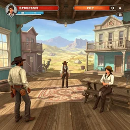 screenshot of gameplay dating simulator game set in 1 8 7 0, interior of old west saloon, featuring african american and japanese cowboys and cowgirls in ghost town with buildings painted bright pastel colors, morning light with mountains in the background