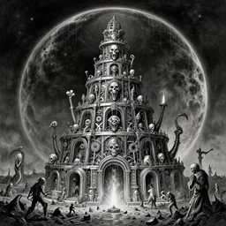 b & w inks of 1 1 horrifying chromed machines in tiers, dripping off galactic rim, ziggaraut, all mollusk mainframe gear hybrids, excavating planet grave, by wayne d barlowe, boris vallejo, geof darrow, stefano tamburini, torch light, muted colors, epic, hyper detailed, awe inspiring, award winning horror, hyper realism,