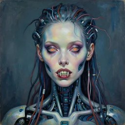 a beautiful cybernetic woman with wires for hair, glowing eyes, razor sharp teeth, horror, natural lighting, style of bernie wrightson, style of richard estes, masterpiece, epic. hyper realism, fauvism