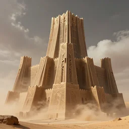 monstrous iron castle in the desert, detailed angular architecture, geometric ramparts, huge battlements, art nouveau design, intricately detailed infrastructure, haboob, by greg rutkowski, michael kaluta and artstation, epic atmosphere, clouds, photorealism, complex color scheme, uhd