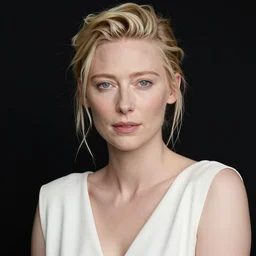 the close - up portrait photo of young beautiful tilda swinton weared in white dress in black studio