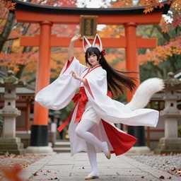 full - color instagram photo of a cute young japanese girl cosplaying as a kitsune goddess doing a ritual dance in a windy inari shinto shrine in kyoto full of autumn leaves. she has fox - ears, a fox - tail, hands that are fox - paws, sharp fox - teeth, and a fox - nose. highly - detailed ; professional portrait photography.