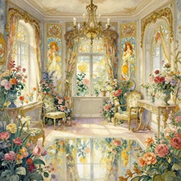 a beautifull intricate watercolour painting of a victorian room with many flowers, reflexions, verry high details by william turner art, greg rutkowski and alphonse mucha, trending on artstation, very very detailed, masterpiece,