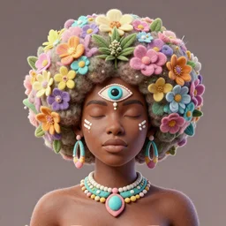 a female african marijuanna! shaman with an afro made of flowers, third eye art art by machina infinitum, complexity from simplicity, rendered in octane, mandelbulb 3 d, ambient occlusion, macro photography, felt!!! texture, tribal, pastel! retrowave