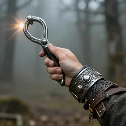 epic fantasy style, a device worn on the wrist  shoots a small grapple