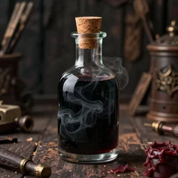 A potion bottle with a deep black, smokey potion inside. Corked and sealed with wax. Inside the cluttered wizard's hovel. 4K HD Wallpaper. Premium Prints Available