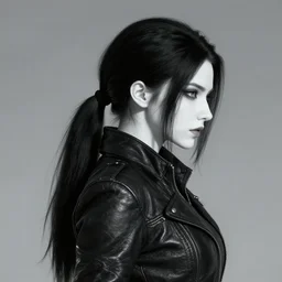 side portrait of female rogue, white skin, black ponytail, short leather coat, high fantasy, dnd, face details, extremely detailed, smooth, sharp focus, digital illustration, by artgerm, rossdraws, sakimichan