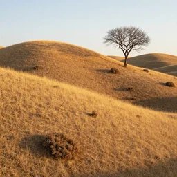 dry rounded hills with sparse scattered scrub grass large random scattered clumps of weeds, a ugly bare tree, highly detailed texture, golden hour lighting