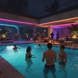 A party in a modern indoors pool with cyberpunk illumination at night . GTA V In game render 4k.