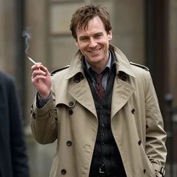 photorealistic photography of paul blackthorne as harry dresden!! posing as a charismatic smiling thief!, with a light brown trench coat and a cigarette, in dresden files movie, super detailed, 4 k