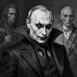 vladimir putin clown vampire, dark fantasy, intricate, highly detailed, smooth, artstation, painted by wayne barlowe, greg rutkowski, zdislav beksinski, francis bacon, black and white picture 1 9 th century