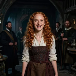 young, freckled, curly haired, redhead natalie portman as a optimistic!, cheerful, giddy medieval innkeeper in a dark medieval inn. dark shadows, colorful, dim light, law contrasts, fantasy concept art by jakub rozalski, jan matejko, and j. dickenson