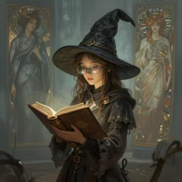 lore keeper girl in glasses, bespectacled, wearing a huge pointy hat, a really oversized hat, holding a big book, grimoire, folio, fantasy, cinematic, stunning, highly detailed, digital painting, artstation, soft focus, ominous lighting, full body shot, illustration, art by artgerm and greg rutkowski and alphonse mucha