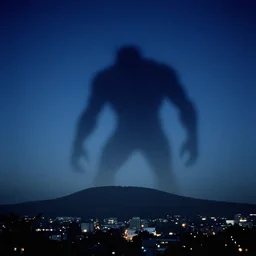 monster shadow, fog, hill above city, night sky, deep blue mood, old photo, by stanley kubrick
