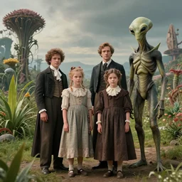 still from a sci fi blockbuster movie made in 2022, set in 1860, of a family standing next to some strange wild alien plants wearing 1850s era clothes, a humanoid alien standing nearby, in a park on a strange alien planet, cinematic lighting, 4k, in focus faces, oscar winner, high quality photography, 35mm macro lens