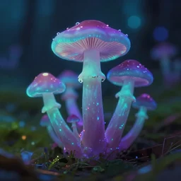a macro shot of bioluminescent mushrooms mushrooms, dof, 4k, bokeh, anime, acid pixie acid pixie, mystic hues, by makoto shinkai and thomas kinkade and lee madgwick