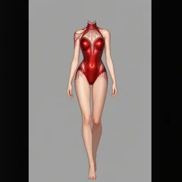 a full - body woman character design concept art wearing a red sequined bodysuit, beads hanging over her face like an alexander mcqueen headdress, costume by eiko ishioka, haute couture by moebius, steven outram, colorful and psychedelic