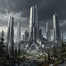 star wars concept art by greg rutkowski, boreal forest landscape with brutalist megalitic structures, cinematic lighting, dramatic atmosphere, sharp focus, artstation hq.