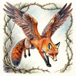 An absurdly-detailed Winged-Fox suspended in thorny vines, colored-pen drawing, vibrant fantasy painting by Ron Spencer and Carl Critchlow and Thomas Cole