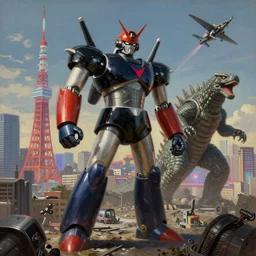 realistic landscape beautiful detailed 3 d painting of cinematic movie scene, mazinger z versus kaiju in tokyo. action sequence, created by gustave dore and greg rutkowski, high detailed, smooth draw, synthwave neon retrofuturism, intricate, realistic proportions, dramatic lighting, trending on artstation.
