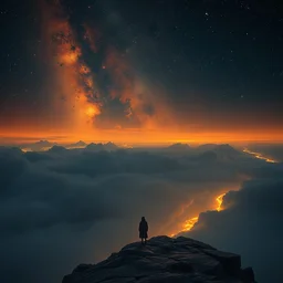 it is lonely at the edge of the world, melancholic, vibrant night sky, warm lighting, cinematic, highly detailed, masterpiece by artgerm, greg rutkowski, rembrandt, caravaggio, beeple, tom bagshaw