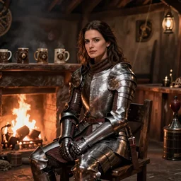 kate beckinsale weared in full plate armor, sit in fantasy tavern near fireplace, behind bar deck with bear mugs, medieval dnd, by Henning Ludvigsen