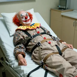crazy elderly clown supine in hospital bed, strapped into bed with restraints, photograph