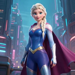 elsa as a superhero in a dystopian cyberpunk city