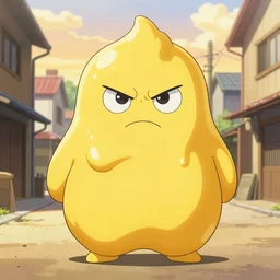 the mayo man, angular humanoid blob of mayonnaise, angry eyes, shaded out eyes, 2 0 0 1 anime, flcl, golden hour, japanese town, cel - shaded, y 2 k aesthetic