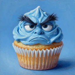 A humanoid tasty looking cupcake with bushy eyebrows and grumpy face, blue light, extra detailed, oil painting, by MARGARET ANN EDEN