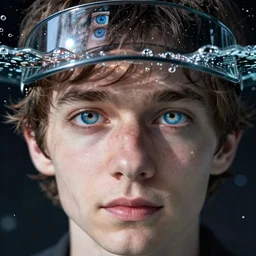 thom yorke singer songwriter in a waterline visor, filling with water, air bubbles, dark background, glass - reflecting - stars, space - station light reflections, ultrafine detail, hyper realistic face, beautiful blue - eyes, associated press photo, eyes reflecting into eyes reflecting into infinity, eyes reflecting into eyes reflecting into infinity