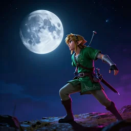 majora\'s mask evil moon looking at link maniacally, night sky, starry night, legend of zelda, dramatic lighting, cinematic, film, dynamic pose,  movie scene, colorful, dark, concept, 8K, actor as role, octane render, visionary, artstation,neon lighting, intense shadows, legend of zelda link staring at the moon, insanely detailed octane render, 8k film photography, photorealistic,