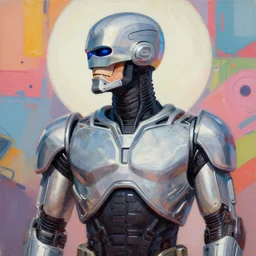 greg manchess portrait painting of alex murphy the robocop as overwatch character, 8 0 ies aesthetic, medium shot, asymmetrical, profile picture, organic painting, sunny day, matte painting, bold shapes, hard edges, street art, trending on artstation, by huang guangjian and gil elvgren and sachin teng