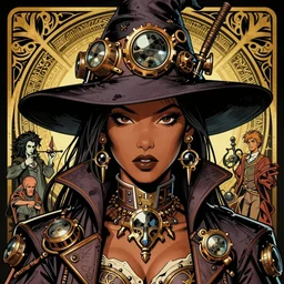a detailed portrait illustration of a steampunk wizard - dancer. attractive black asian female face, alluring expression. art nouveau, pop art, comic book style. influenced by neil gaiman, h. p. lovecraft, dan mumford, brian froud, vadim voitekhovitch, osborne macharia, ross tran.