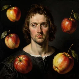 neoclassicist sci - fi portrait of a man with flying fruits. dark lighting. organic black background. highly detailed science - fiction painting by norman rockwell, moebius, frank frazetta, syd mead, donato giancola. rich colors, high contrast. renaissance masterpiece. artstation