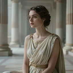 cinestill 5 0 d portrait of a beautiful dreamy woman by annie liebovitz, sitting in a hyper detailed ancient roman palace, pale dramatic tonal glossy, hair intricate style, wearing are intricate ancient roman dress, elegant, highly detailed, soft foggy blur, artstation, sharp focus, head in focus,