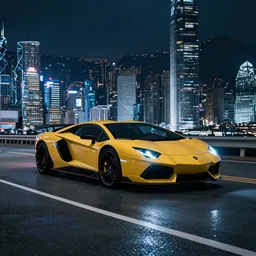lamborghini aventador with a light reflection in the middle of a road on the night Hong Kong china town, blue color grading, cinematic color grading , unreal 5, hyperrealistic, realistic, photorealistic, dynamic lighting, highly detailed, cinematic landscape, studio landscape, studio lighting