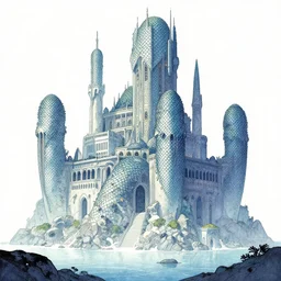 futuristic scifi castle covered in fishscales in a mire. bande dessinee cover art, watercolor.