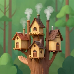 a handful of tree houses complete with chimneys with puffs of smoke, nestled in a forest, thatched roofs, golden hour, autumn leaves, ethereal, realistic high quality art digital art trending on artstation