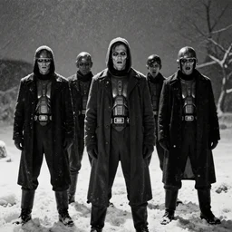 Cybermen in the snow, creepy, black and white, 1960s