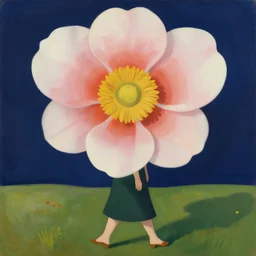 huge flower as head, woman walking in a field, surreal, flat light, painting, digital painting, artstation, georgia o'keeffe
