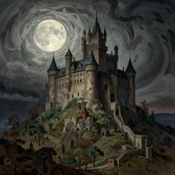 dracula's castle on top of a swirling hill, full moon, illustration, intricate, by antonio lupatelli