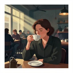 editorial illustration by Karolis Strautniekas and Mads Berg, portrait of a woman drinking tea in a crowded cafe, colorful, fine texture,detailed, muted colors,film noir, dramatic lighting, dynamic composition, vivid, matte print, wide angle,((sunbeams)), moody, extreme perspective