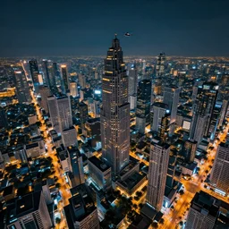 sci - fi bangkok cityscape. wide angle night photo. helicopter view. exaggerated detail. volumetric lighting. pixel perfect painting by masamune shirow. 4 k
