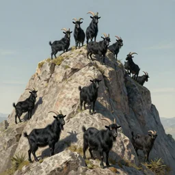 group of black billy goats in the peak of a granite mountain in avila, cabra montesa, macho cabrio a detailed matte painting by dan mumford, deviantart contest winner, maximalism, 2 d game art, detailed painting, physically based rendering