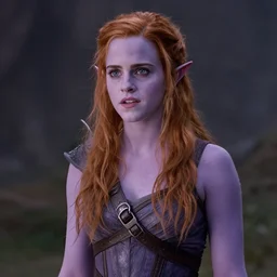 movie still Emma Watson as Sylvanas Windrunner , pale violet skin