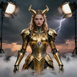 symmetry!!! closeup portrait of a biblical diabolical wild hunter girl, fashon golden cyborg armor, in clouds, strong studio lights, thunder, rain! storm, sunset, by gerald brom, by mikhail vrubel, by peter elson, high contrast, muted colors, extreme detail, mirrors, trending on artstation, 8 k