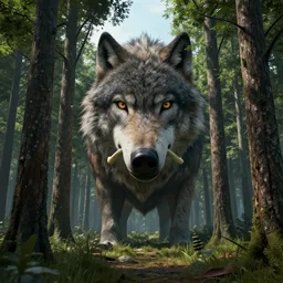 behind a clump of trees, is a huge creature with the head of a wolf and the body of a boar, digital art, unreal engine,