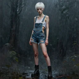 full body pose, mixed media painting of a grungy skull woman with buzzed white hair, soft eyes and narrow chin, dainty figure, torn overalls, short shorts, combat boots, side boob, wet tshirt, wet, raining portrait, extremely hyper - detailed, intricate, epic composition, very detailed, masterpiece, stunning,